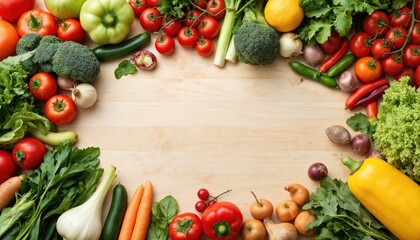 Vibrant arrangement of fresh produce on light wood surface. Colorful vegetables, fruits create natural, healthy, appetizing border. Diverse selection includes tomatoes, broccoli, peppers, onions,