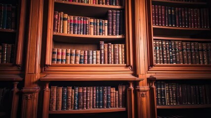 Closeup of wooden bookshelf filled with vintage leather-bound books in a library setting - Powered by Adobe