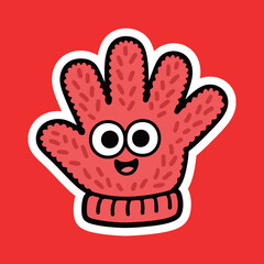 A fun and expressive cartoon red glove sticker with wide-open eyes and a happy smile, on a vibrant red background.