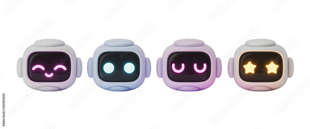 Poster cute friendly robots displaying various emotions with glowing eyes, perfect for tech or ai concepts.