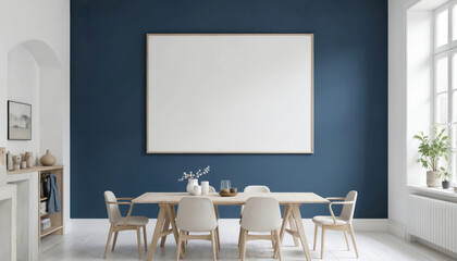 Minimalist Scandinavian dining room features a wooden table, beige chairs, and a large blank picture frame on a dark blue wall. White floor and radiator add clean, modern touches.
