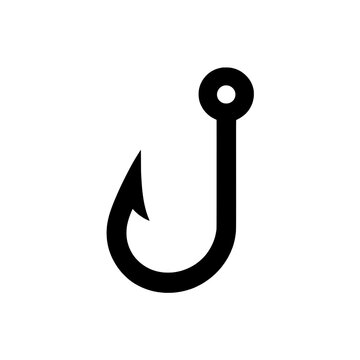 Simple black and white vector icon of a fishing hook. Monochrome illustration of a fish hook - sharp barb, curved shape. Single graphic element for fishing, angling, or nautical designs.