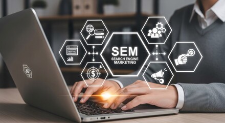 SEM, Search Engine Marketing Concept. Businessperson working on laptop with SEM icons, featuring ads, analytics, keywords, reach, pay per click, online marketing tools, digital advertising strategy,