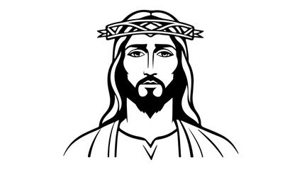 Black and White Drawing of Jesus Christ Wearing a Crown of Thorns, Elegant black and white line art illustration portraying a divine figure with a crown
