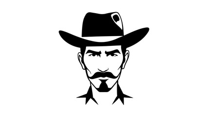 little bit angry person with mustache and cowboy hat staring shape vector illustration, simple black and white cowboy face shape with old west hat on the head