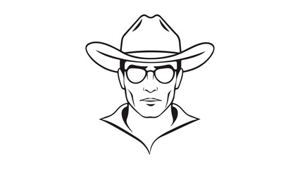 cowboy with hat and glasses simple line art, simple sheriff with glasses and cowboy hat line art illustration 