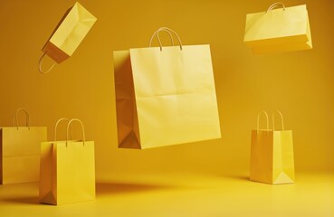 Bright yellow shopping bags float in space, future e-commerce, digital retail, modern consumer trends. Bags appear glossy, stylish, suggesting luxury purchases. Minimalist, abstract background