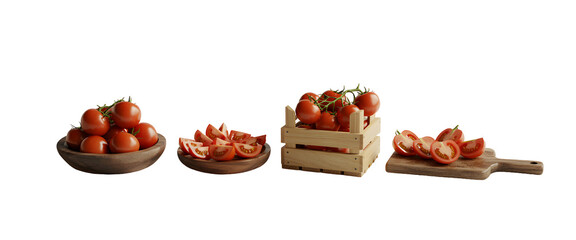Fresh ripe tomatoes in wooden crate and bowls, sliced on cutting board, vibrant and healthy.