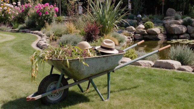 Traditional metal wheelbarrow filled with mulch in a lush garden at sunset