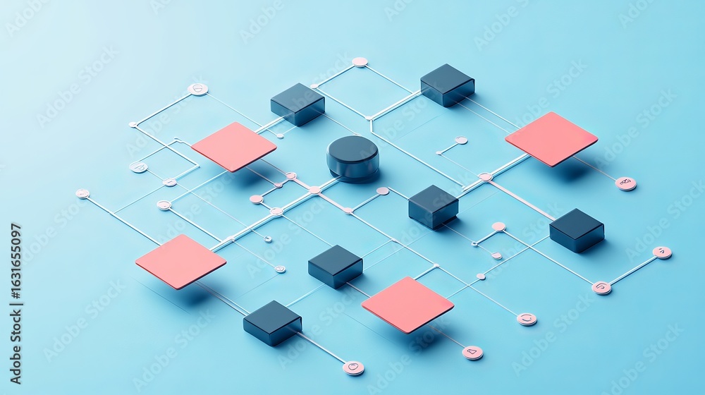 Poster abstract network representation with cubes squares and lines on a light blue background art concept