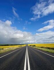Asphalt road with white lines extends to horizon under blue sky with clouds. Yellow fields border path. Scenic countryside landscape implies journey, travel, destination, summer adventure.