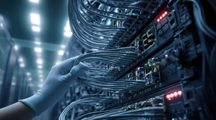 Network technician connecting and troubleshooting network cables in a server room, ensuring data flow and connectivity.