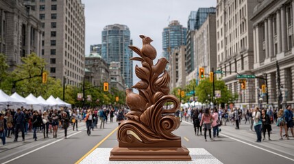 Chocolate Bird Sculpture in Urban Street Setting with Pedestrians