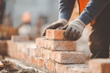 Construction worker carefully placing bricks, creating sturdy wall on construction site, demonstrating skilled craftsmanship and building expertise