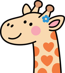 A cute cartoon giraffe head with heart-shaped spots and a blue flower behind its ear, on a clean white background.