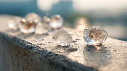 Obraz premium Crystal Clear Ice Fragments Glistening on Concrete Surface During Early Morning Sunlight in a Serene Outdoor Setting
