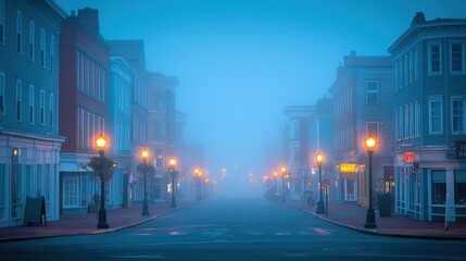 Misty town street at dawn