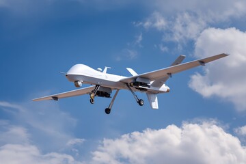 Obraz premium Unmanned aerial vehicle in flight against a partly cloudy sky (1)