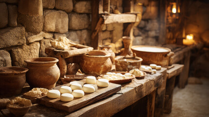 Warm cheese factory setting with a rustic design and rural atmosphere, perfect for home cooking