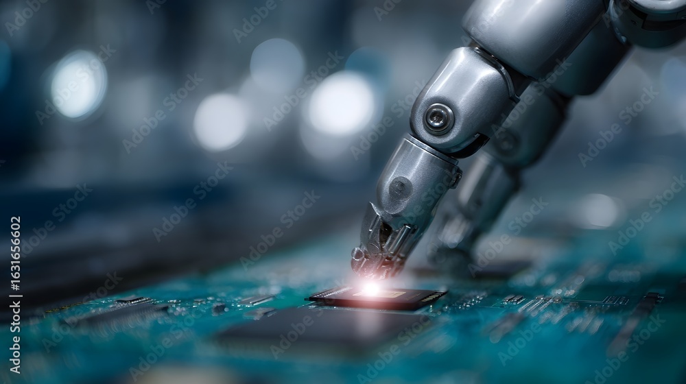 Aufkleber robotic arm assembling microchips in an industrial automation process