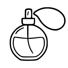 Obraz premium Perfume spray bottle icon with atomizer in simple black and white line art