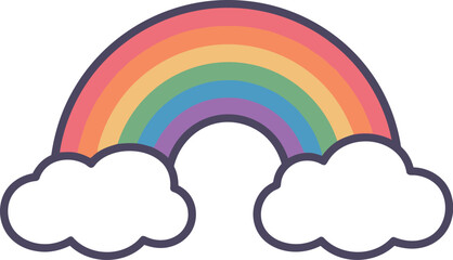 A cute and simple cartoon illustration of a rainbow arching over two fluffy clouds, representing happiness, hope, and magical themes in a child-friendly style.