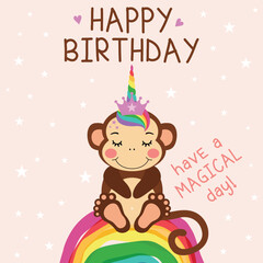 Cute monkey celebrating a magical birthday
