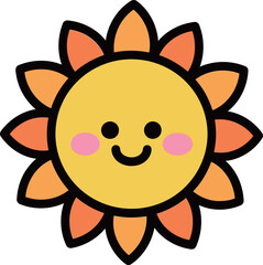 A cheerful and friendly cartoon sun with a smiling face and pink blush on its cheeks, symbolizing happiness, summer, and warmth in a simple, cute style.