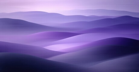 Purple landscape, layered hills, soft gradients. Misty atmosphere creates serene, calming visual experience. Minimalist design.