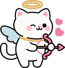 A cute cartoon white cat dressed as Cupid with a halo, wings, and a bow and arrow, representing love, romance, and Valentine's Day in a playful style.