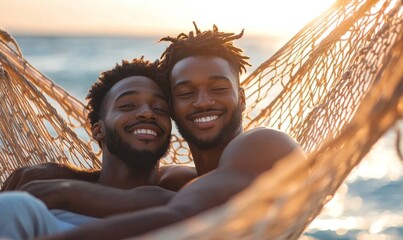 Young Black gay male couple cuddling in a hammock on a summer vacation at a beach holiday by the ocean, Generative AI