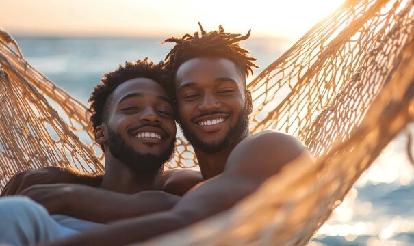Young Black gay male couple cuddling in a hammock on a summer vacation at a beach holiday by the ocean, Generative AI
