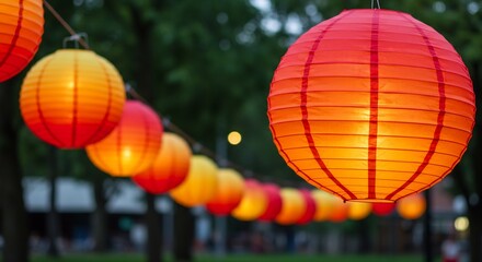 Obraz premium A vibrant string of colorful paper lanterns illuminate a summer evening outdoors with a soft bokeh background