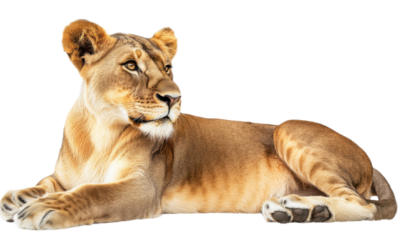 Big female lion isolated on white background, png