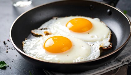 Sunnyside up eggs cooking in a pan with delicious breakfast food, and closeup view.