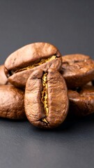 Fototapeta premium Close-up of a small pile of roasted coffee beans on a dark surface