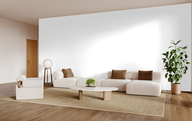 Minimalist Living Room Interior Scene with Sofa, Armchair, and Decor on Transparent Background - PNG with Shadow