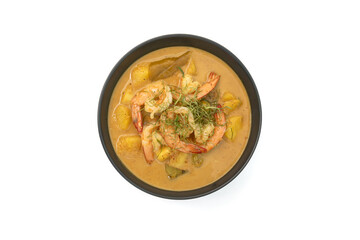 Pineapple curry  milk coconut with shrimp on isolated white background