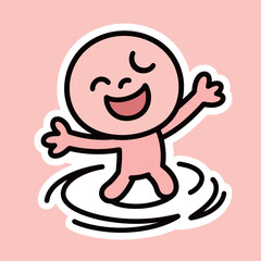 A cute and happy cartoon character spinning joyfully with its arms up, representing happiness, freedom, fun, and a carefree spirit in a playful and simple style.