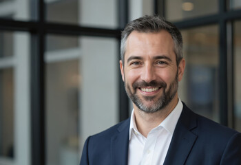 Fototapeta premium Mature businessman with salt, pepper hair, beard wears navy blue suit jacket, white shirt. Smiles confidently in office setting with large windows, soft lighting. Represents professionalism, success,