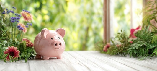 The piggy bank surrounded by vibrant flowers and greenery in sunlight
