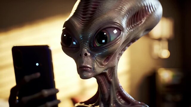 Alien Using Mobile Phone Indoors Close Up