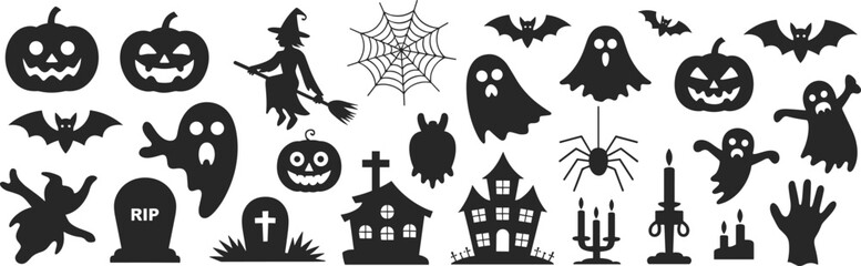 Halloween vector silhouettes featuring pumpkins, ghosts, witches, bats, spiders, haunted houses, graveyards, tombstones, candles, and spooky Halloween decorations