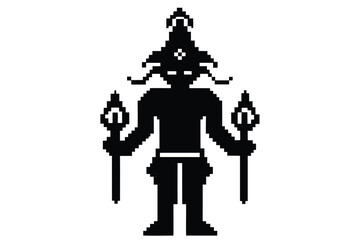 Pixelated warrior silhouette with spears presents a retro game styled icon on white