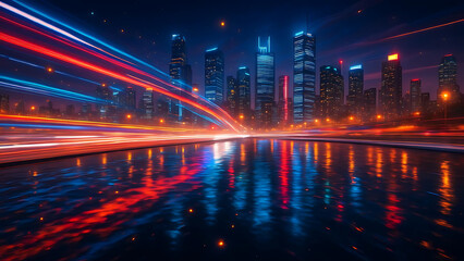 Fototapeta premium Night City Skyline with Vibrant Light Trails and Reflections