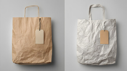 Eco-friendly paper shopping bags on neutral background