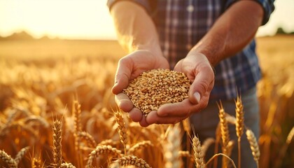 close up hands farmer holding wheat grains on a wheat field