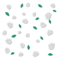 Pattern of jasmine flowers and green leaves, seamless floral design for background, fabric, or greeting cards.
