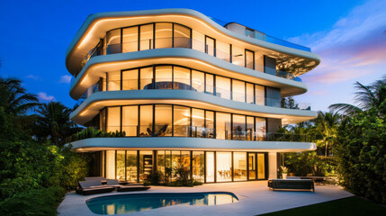 Obraz premium Luxurious modern home designed with fluid lines and glowing interiors. This exquisite property features a shimmering pool under twilight skies.