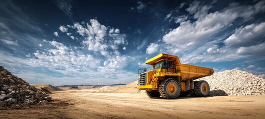 The heavy-duty dump truck at a vibrant construction site under a dramatic sky.